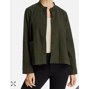 Eileen Fisher Organic Cotton Pucker Shirt Jacket Olive Lagen look Size Large EUC
